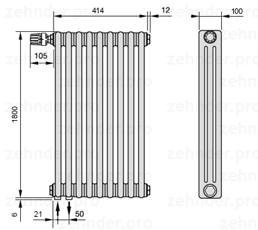 Схема (чертеж) Радиатор Zehnder Charleston 3180/9 №V001 Белый глянцевый RAL 9016